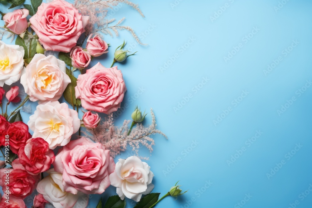 Flowers composition. Frame made of pink and white roses on blue background. Flat lay, top view, copy space, AI Generated Flowers composition. Frame made of pink and white roses on blue background. Flat lay, top view, copy space, AI Generated