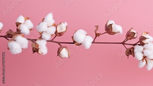 A pink wall is the backdrop for a close-up of cotton flowers on a branch.