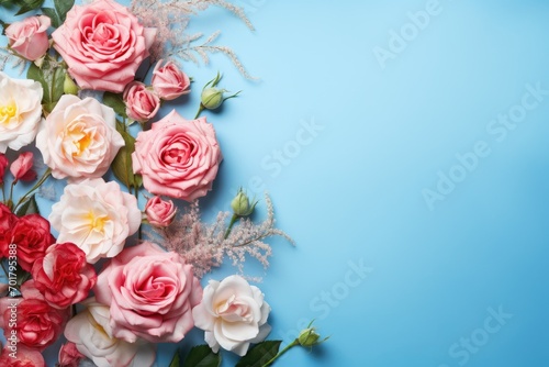 Flowers composition. Frame made of pink and white roses on blue background. Flat lay, top view, copy space, AI Generated © Iftikhar alam
