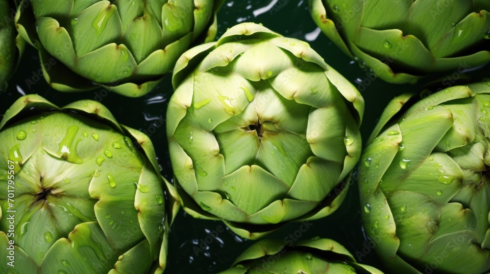 a bunch of green artichokes with drops of water on the top and bottom of each of them. a bunch of green artichokes with drops of water on the top and bottom of each of them.