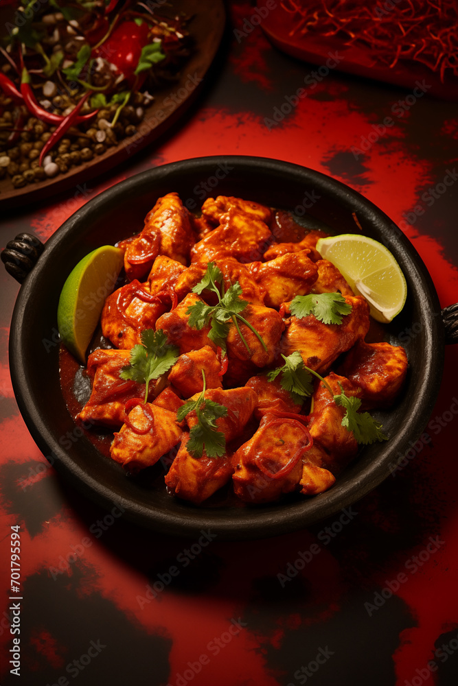 Chicken tikka masala spicy curry meat food in black plate, flat lay on the red background Chicken tikka masala spicy curry meat food in black plate, flat lay on the red background