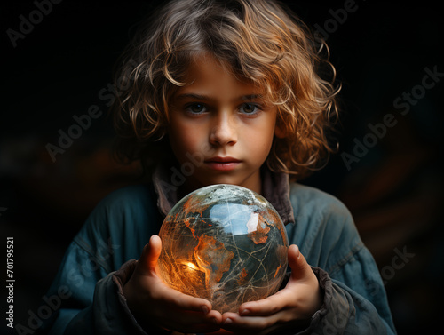 Junge mit leuchtender Erkugel in der Hand Erdball Zukunft Planet