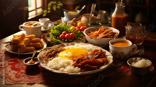 Traditional brasilian breakfast,  cake, coffee, plate, drink, table, dessert, meal, eggs, pancakes, fruit, healthy, teapot, milk, delicious, hot, dish, landscape format 16:9 photo