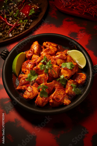 Chicken tikka masala spicy curry meat food in black plate, flat lay on the red background