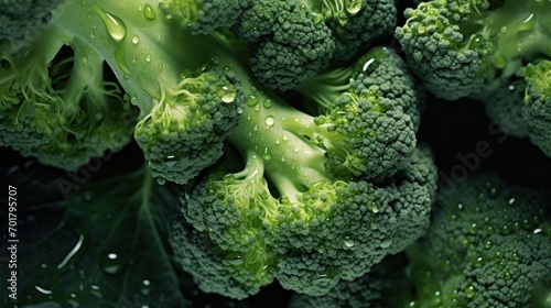  a close up of a bunch of broccoli with drops of water on the broccoli florets.