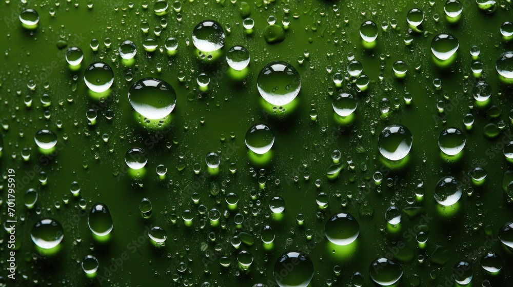  a close up of water droplets on a green surface with drops of water on the drops of water on the surface.