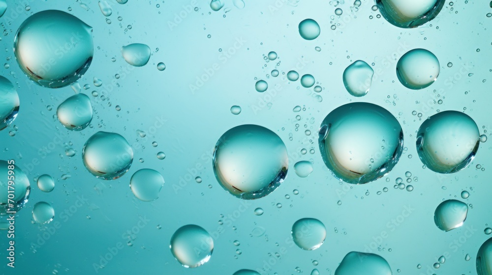  a close up of a bunch of water drops on a glass surface with a blue sky in the back ground.