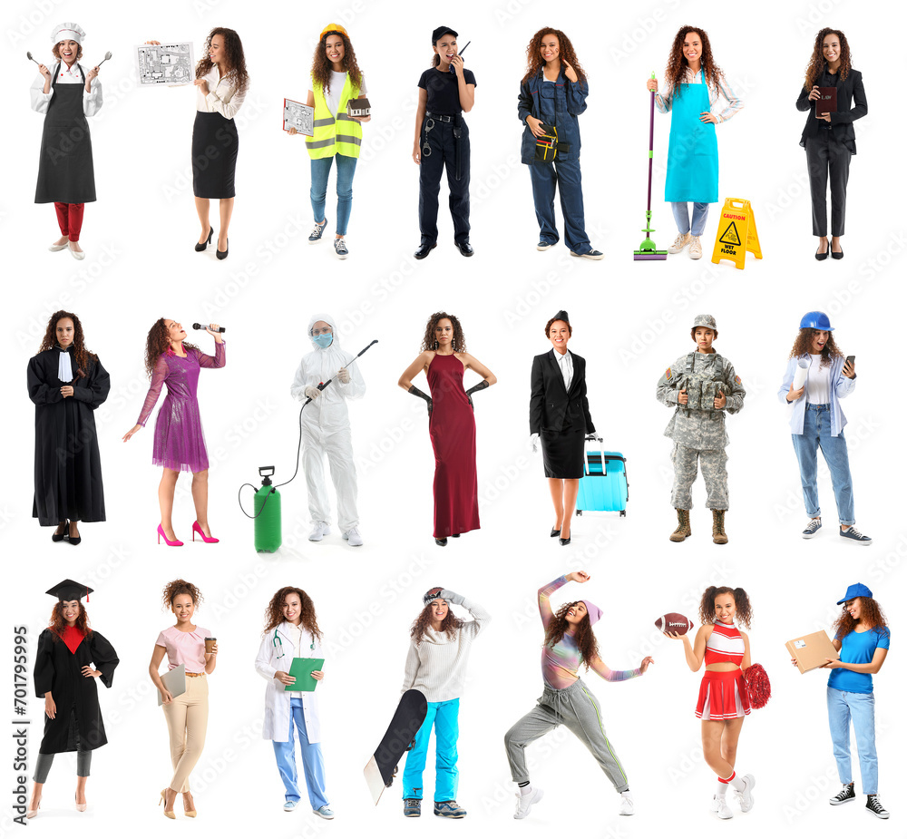 Set of young African-American woman from different professions on white background Set of young African-American woman from different professions on white background