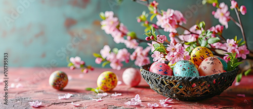 Easter holiday celebration banner greeting card banner with easter eggs and flowers on table