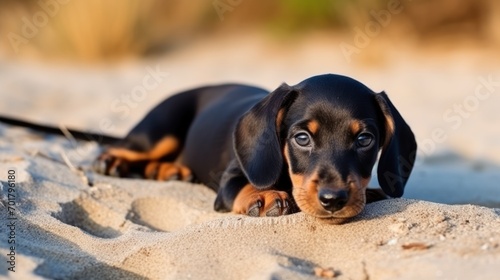  Beautiful dog of dachshund, black and tan, buried in the sand at the beach sea on summer vacation