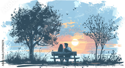 Young couple sitting on a bench hugging each other. Valentine's Day concept, vector illustration