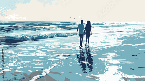 Young couple walking on the beach. Valentine's Day concept, vector illustration