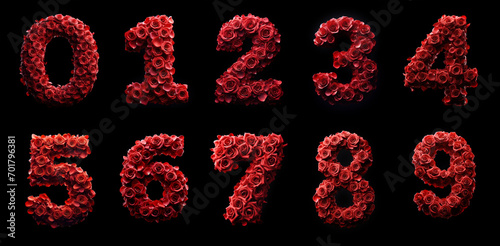 Fototapeta Naklejka Na Ścianę i Meble -  red rose petal numbers from 0 to 9 - ideal for valentines day or other celebration moment - isolated black background - unique 3D letters and numbers set