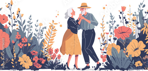 Old couple dancing in a flowery garden. Valentine's Day concept, vector illustration