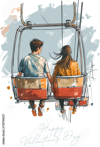 Young couple riding the cable car together. Valentine's Day concept, vector illustration
