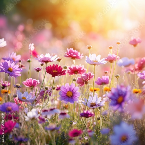 Colorful flower meadow with lights in summer