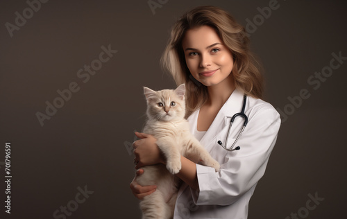 Female veterinarian holding a cat on the brown background. Copy space