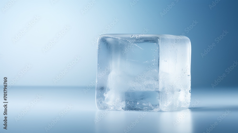 an ice cube with water inside of it on a blue and white background with a reflection of the ice in the glass. an ice cube with water inside of it on a blue and white background with a reflection of the ice in the glass.