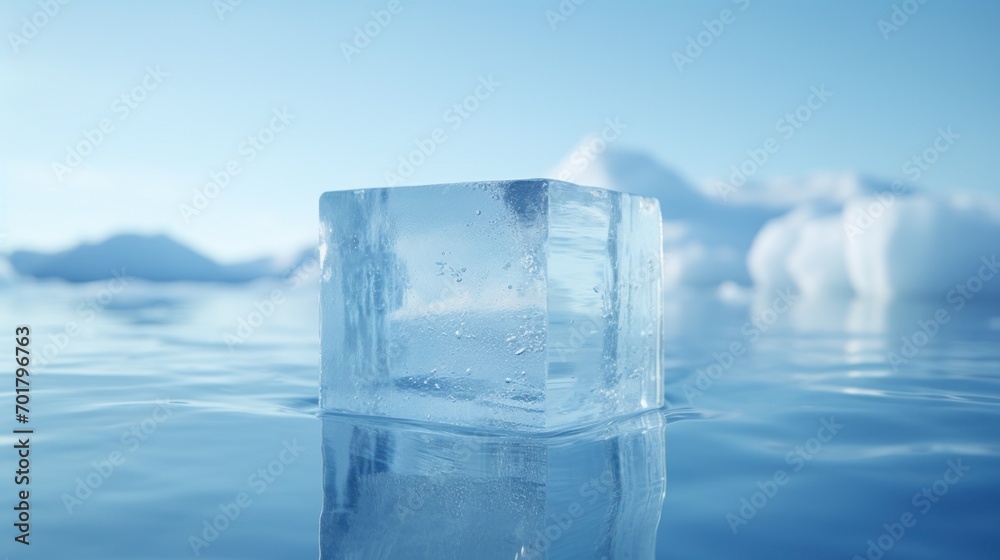 an ice block floating on top of a body of water with icebergs in the background of the photo. an ice block floating on top of a body of water with icebergs in the background of the photo.