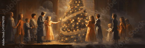 Festive concept theme featuring Christmas tree lights in an urban street scene with kids dancing around it. Urban Holiday Delight: Kids Dancing Around Festive Christmas Tree Lights
