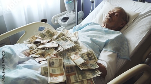 
Old age on hospital bed, alot of cash in hand photo