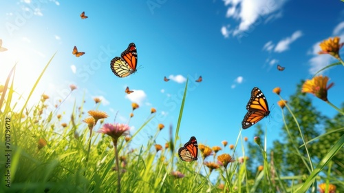  Butterflies flying on the green grass Low angle view