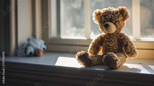 Sunlit Teddy Bear Sitting by the Window with a Plush Dog Toy in Background photo
