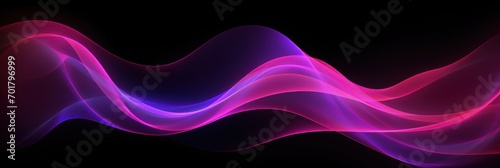 Luminous neon shape wave, abstract light effect vector illustration. Wavy glowing pink purple bright flowing curve lines, magic glow energy motion particle isolated transparent black background.