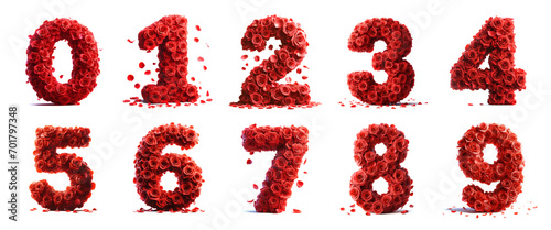 Fototapeta Naklejka Na Ścianę i Meble -  red rose petal numbers from 0 to 9 - ideal for valentines day or other celebration moment - isolated white background - unique 3D letters and numbers set