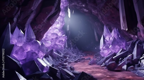 A fantasy amethyst minerals cave with an abstract background of gems and crystals is portrayed in 3d.