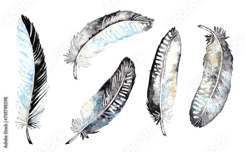blue boho feather, easter clip art, assorted design elements, watercolor illustration, isolated on white background