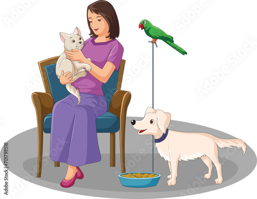 Vector illustration showing a woman having different pet animals dog, parrot and cat