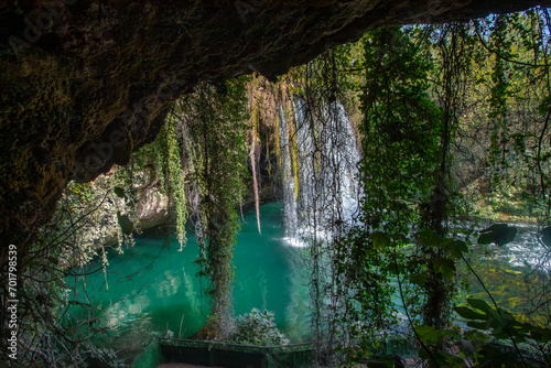 Fototapeta Naklejka Na Ścianę i Meble -  Upper Duden Waterfall is called as Alexander Falls as well and 10 km far from the city center. The paradise like hinterland of the waterfall is all in green in Antalya