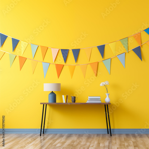 Garland with triangle flags decorations on the yellow wall photo