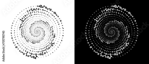 Abstract numbers one and zero in a  spiral. Big data or chaos concept, logo icon or tattoo. Black shape on a white background and the same white shape on the black side.