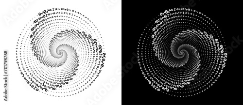 Abstract numbers one and zero in a  spiral. Big data or chaos concept, logo icon or tattoo. Black shape on a white background and the same white shape on the black side. photo