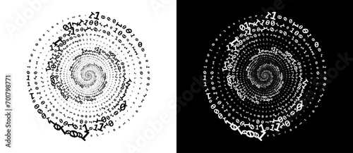 Abstract numbers one and zero in a  spiral. Big data or chaos concept, logo icon or tattoo. Black shape on a white background and the same white shape on the black side.