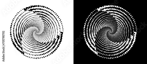 Random rectangles in a spiral. Big data or chaos concept, logo icon or tattoo. Black shape on a white background and the same white shape on the black side.