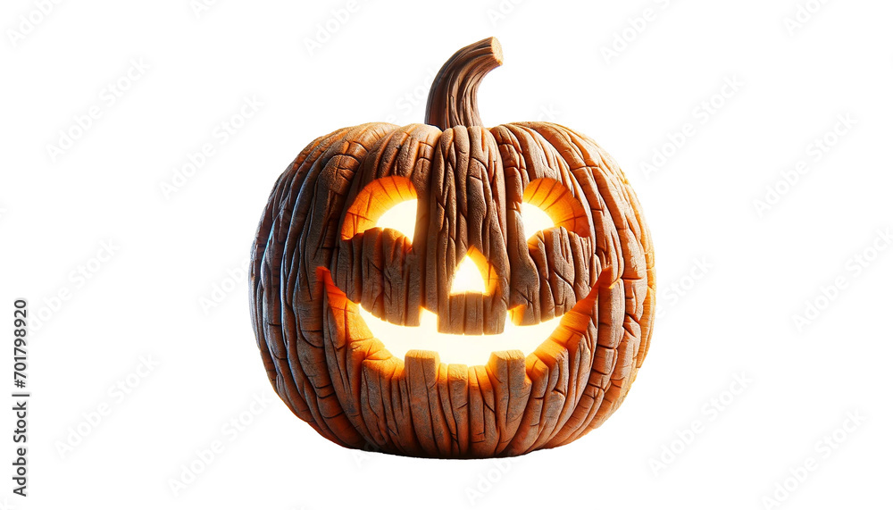 A carved pumpkin with a glowing face, smiling and rough surface A carved pumpkin with a glowing face, smiling and rough surface