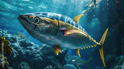 Mighty yellow fin tuna in the sea
