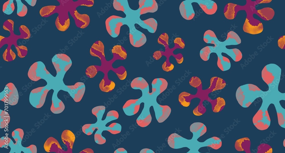 Blue and pink flowers watercolor painting - abstract seamless pattern on dark color background
