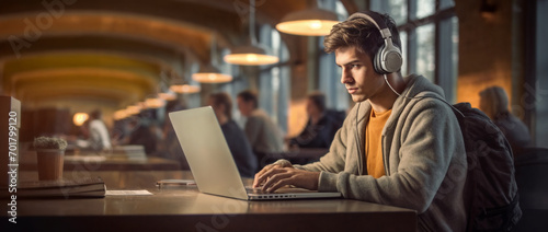 a man wearing headphones is using a laptop computer in a cafe with a view of the ceiling and people sitting in the background,  academic art, generative ai