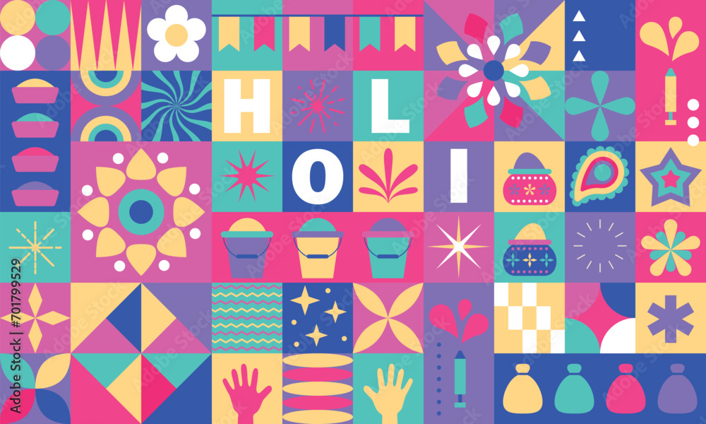 Holi symbols, icons, designs. Festival of colors vector design element with colorful Holi paints. Happy Holi, Indian holiday and festival poster, banner, colorful vector illustration