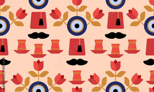 Seamless pattern cute Turkish evil eye, tulip, tea in a glass and Turkish red hat fez