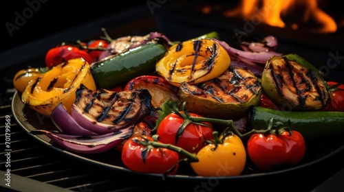  a plate of grilled vegetables on a grill with a fire burning in the backgroud of the grill.