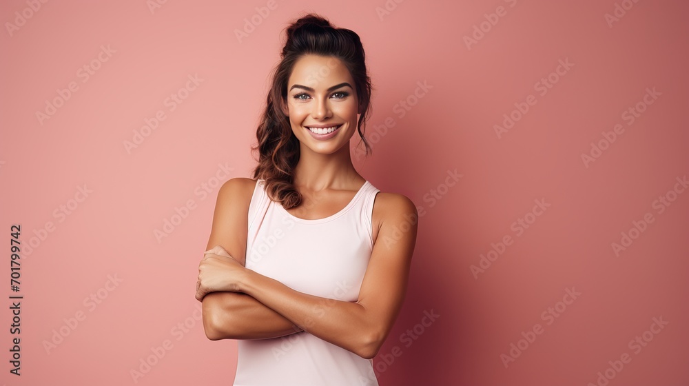 A young brunette woman exercising on a pink wall is depicted in a portrait. A young brunette woman exercising on a pink wall is depicted in a portrait.