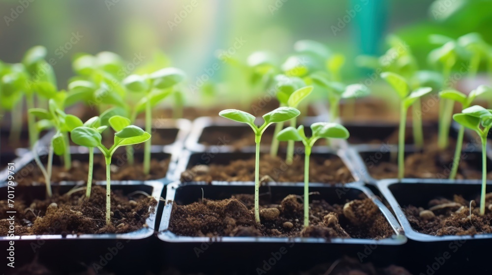 a close up of a group of plants in plastic trays with dirt on the bottom of the trays. a close up of a group of plants in plastic trays with dirt on the bottom of the trays.