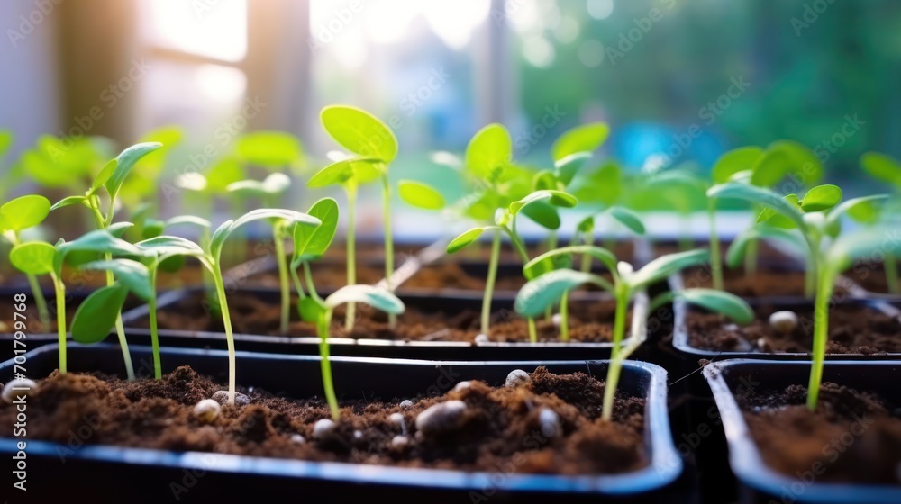  a close up of a group of seedlings in a tray of dirt with sunlight streaming through the window behind them.
