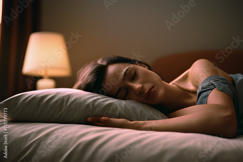 Person sleeping on the bed with comfortable pillow resting after tiresome daily routine lifestyle in a comfy bedroom with lamp light near the bedside photo