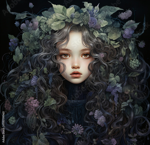 Mystic Floral Maiden, aptivating artwork of a girl adorned with a lush floral crown amidst dark curls
